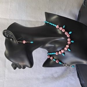 Hand Crafted Pink Cats Eye With Turquoise Bead Necklace and Earring set